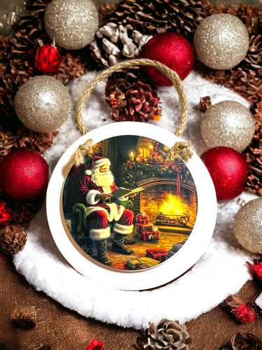 Santa By Fireplace Wooden Ornament